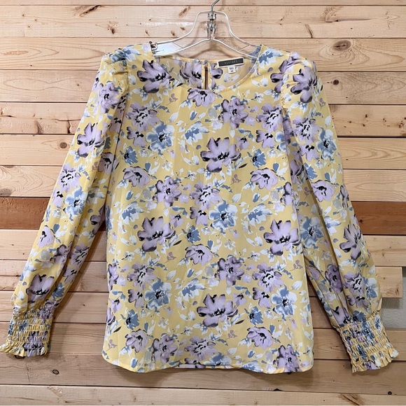 PLEIONE NWOT Yellow Multi Color Floral Print long elastic Sleeve Top size XS - Picture 1 of 11